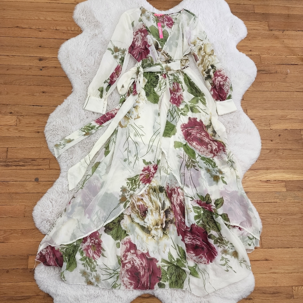 Multicolored Floral Long Sleeves Maxi Kimono Style Summer Dress